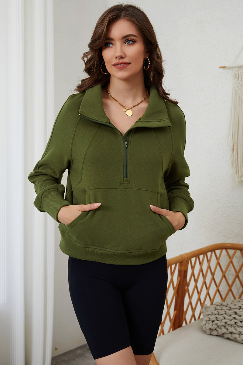 Moss Green Quarter Zip Stand Neck Kangaroo Pocket Sweatshirt