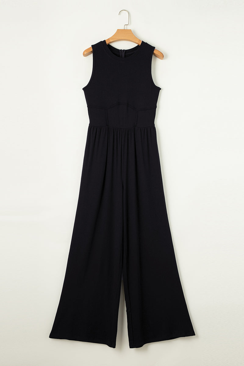 Black Cinched Waist Sleeveless Wide Leg Jumpsuit