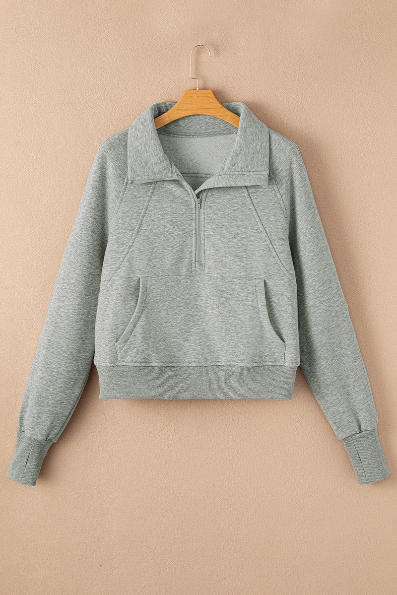 Gray Fleece Lined Zip Up Stand Collar Thumbhole Sleeve Sweatshirt