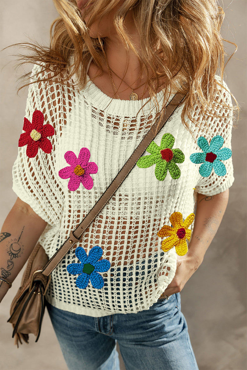 White Crochet Flower Hollow-out Sweater T Shirt