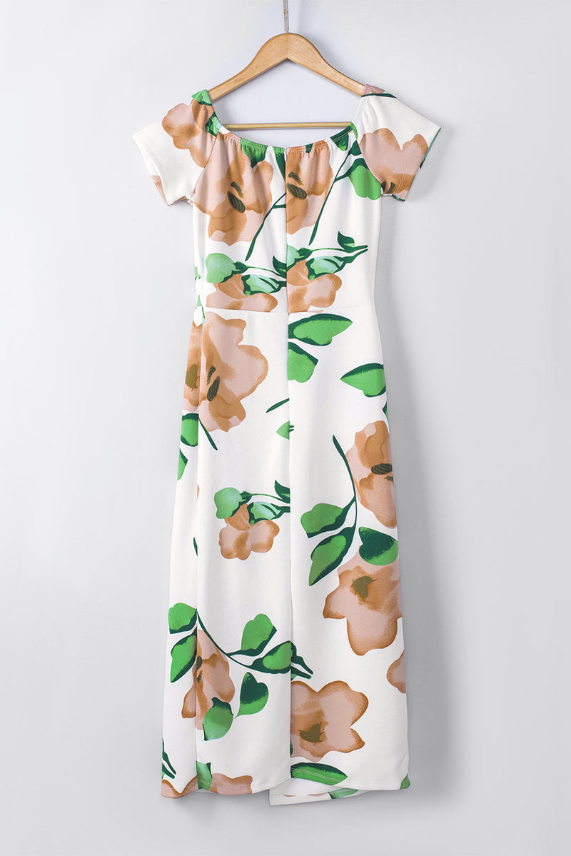 Green Floral Print Off Shoulder Slit Bodycon Midi Dress