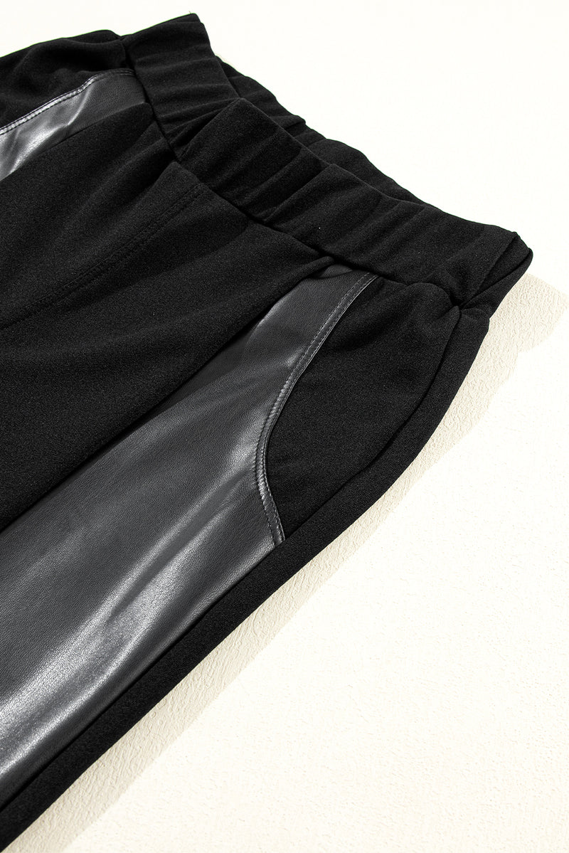 Black Leather Panel Patchwork High Waist Leggings