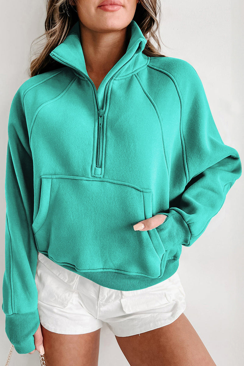 Sea Green Fleece Lined Zip Up Stand Collar Thumbhole Sleeve Sweatshirt