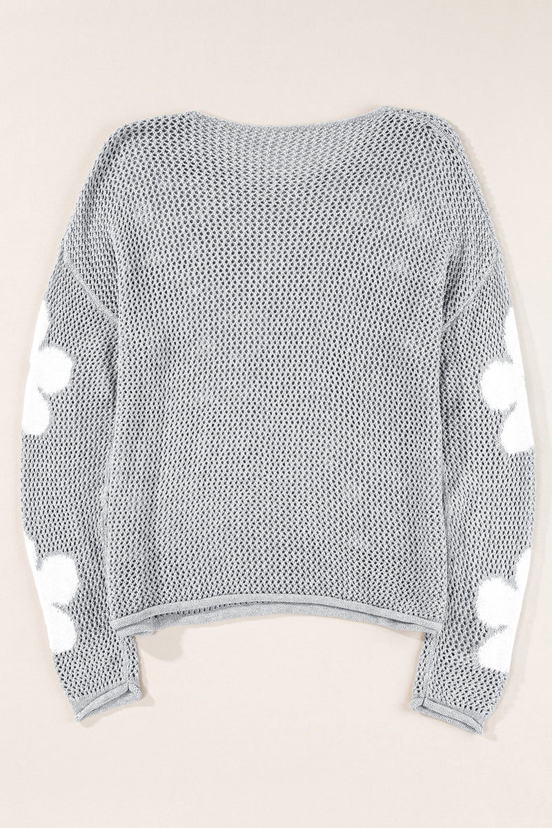 Light Grey Big Flower Hollowed Knit Drop Shoulder Sweater