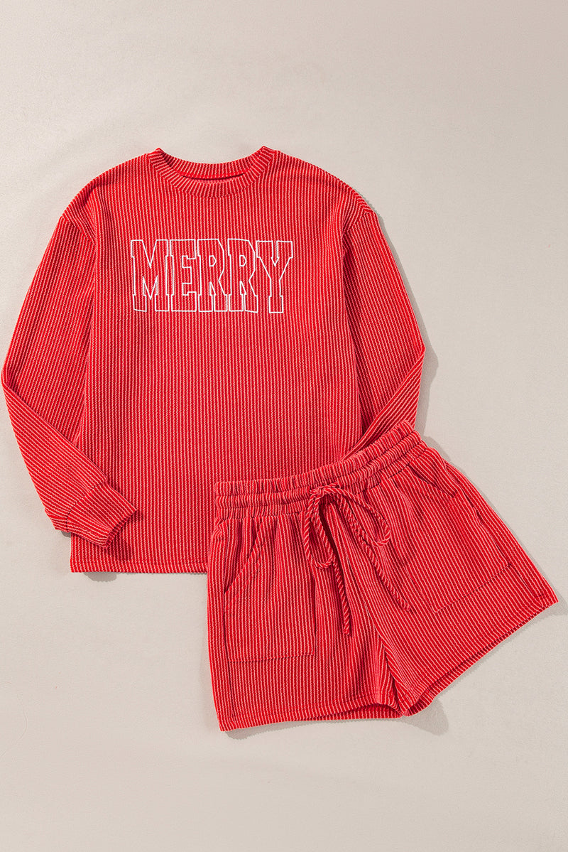 Racing Red Corded MERRY Graphic Long Sleeve Top and Shorts Set