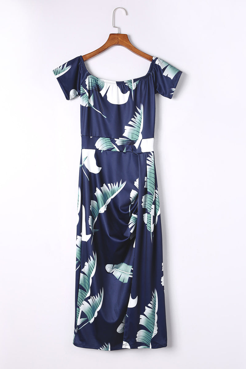 Blue Pattern Print Off Shoulder Slit Bodycon Midi Dress