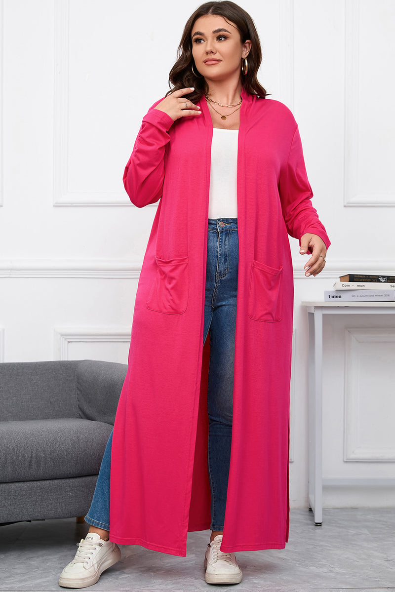 Strawberry Pink Plus Size Side Split Pockets Duster Cardigan