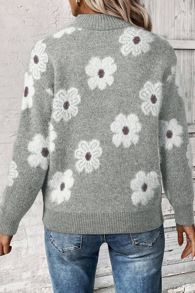 Gray Floral Pattern Half Zip Drop Shoulder Sweater