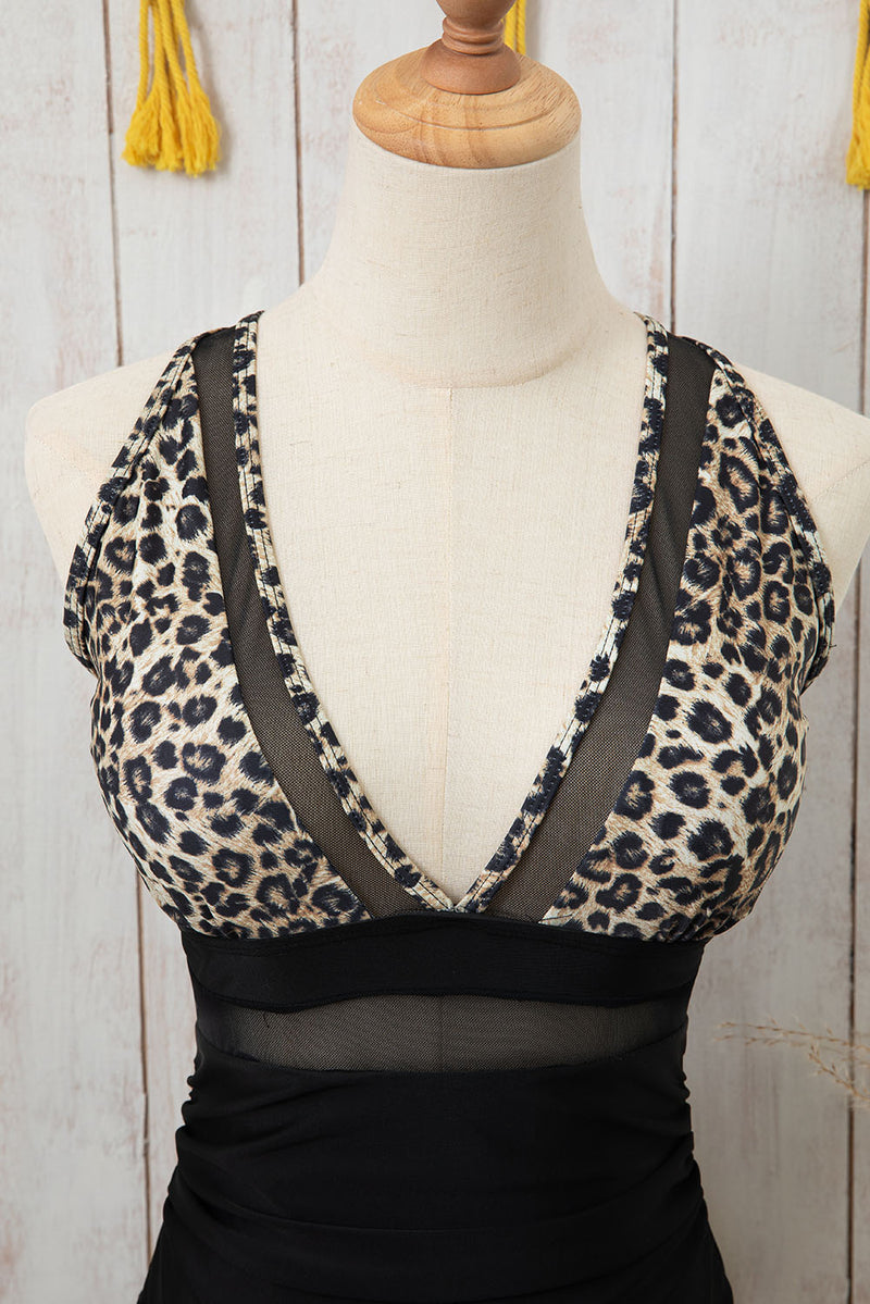 Brown Leopard Mesh Insert V Neck High Waist Monokini