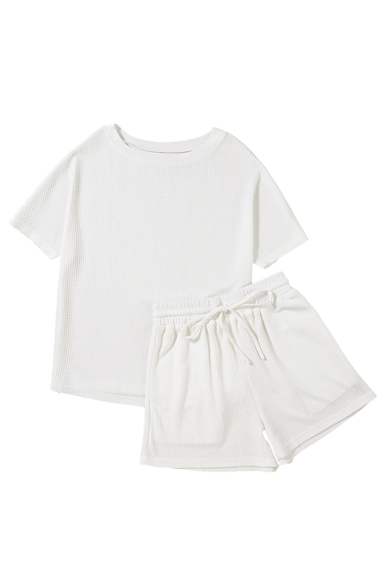 White Casual Textured Tee and Drawstring Shorts Set