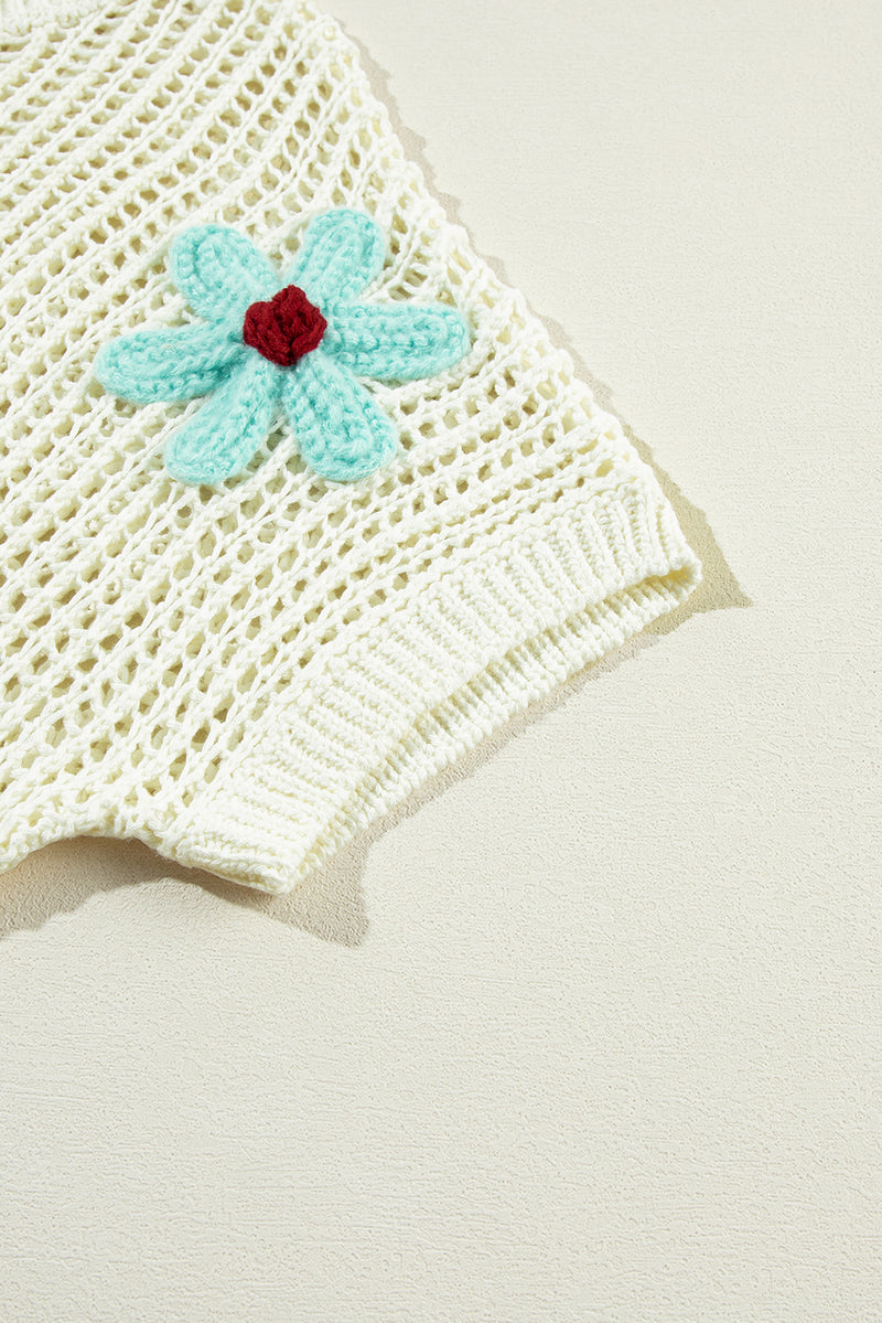 White Crochet Flower Hollow-out Sweater T Shirt