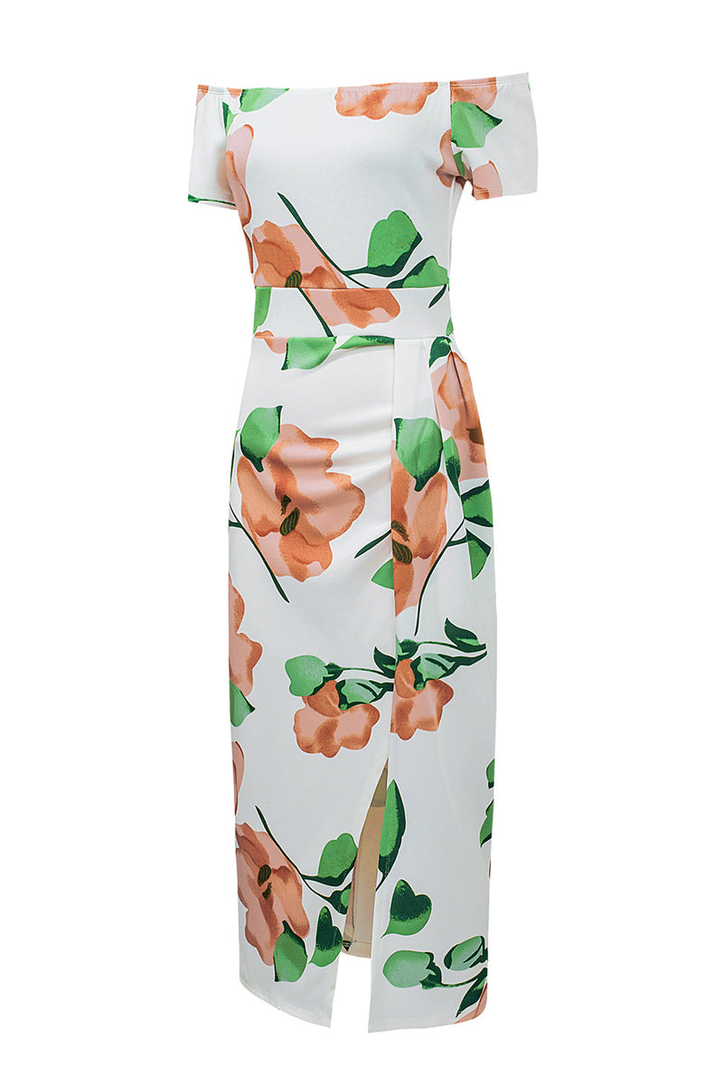 Green Floral Print Off Shoulder Slit Bodycon Midi Dress