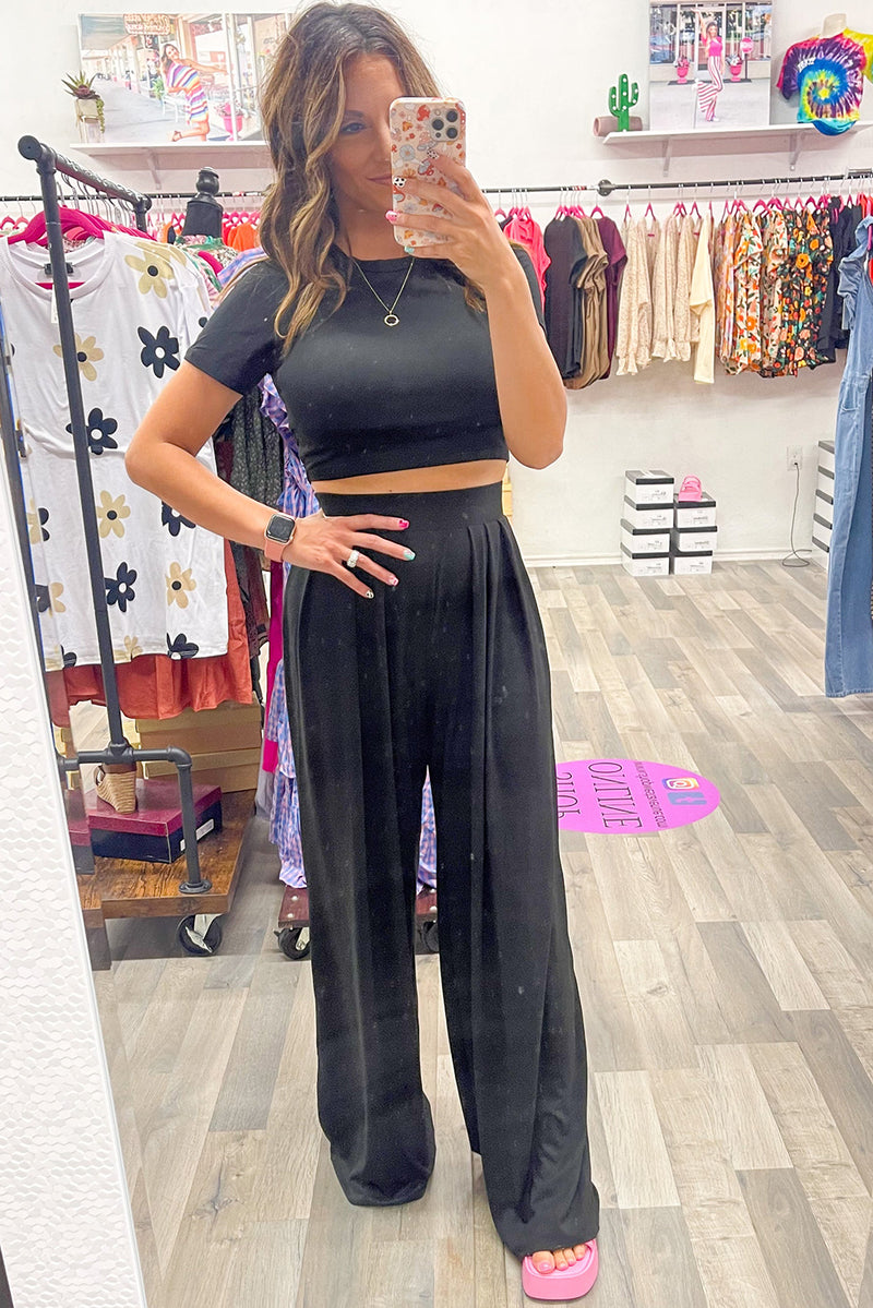 Black Slim Fit Crop Top and Pleated Wide Leg Pants Set