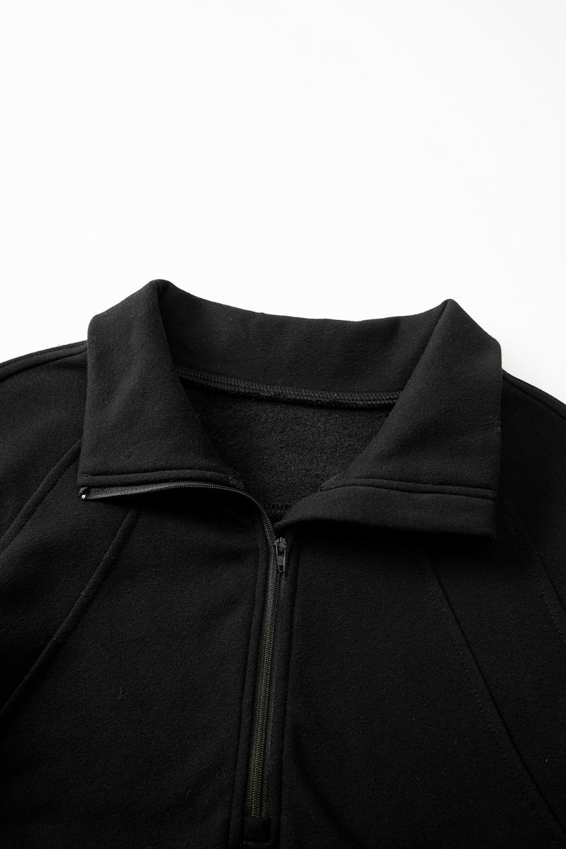 Black Fleece Lined Zip Up Stand Collar Thumbhole Sleeve Sweatshirt