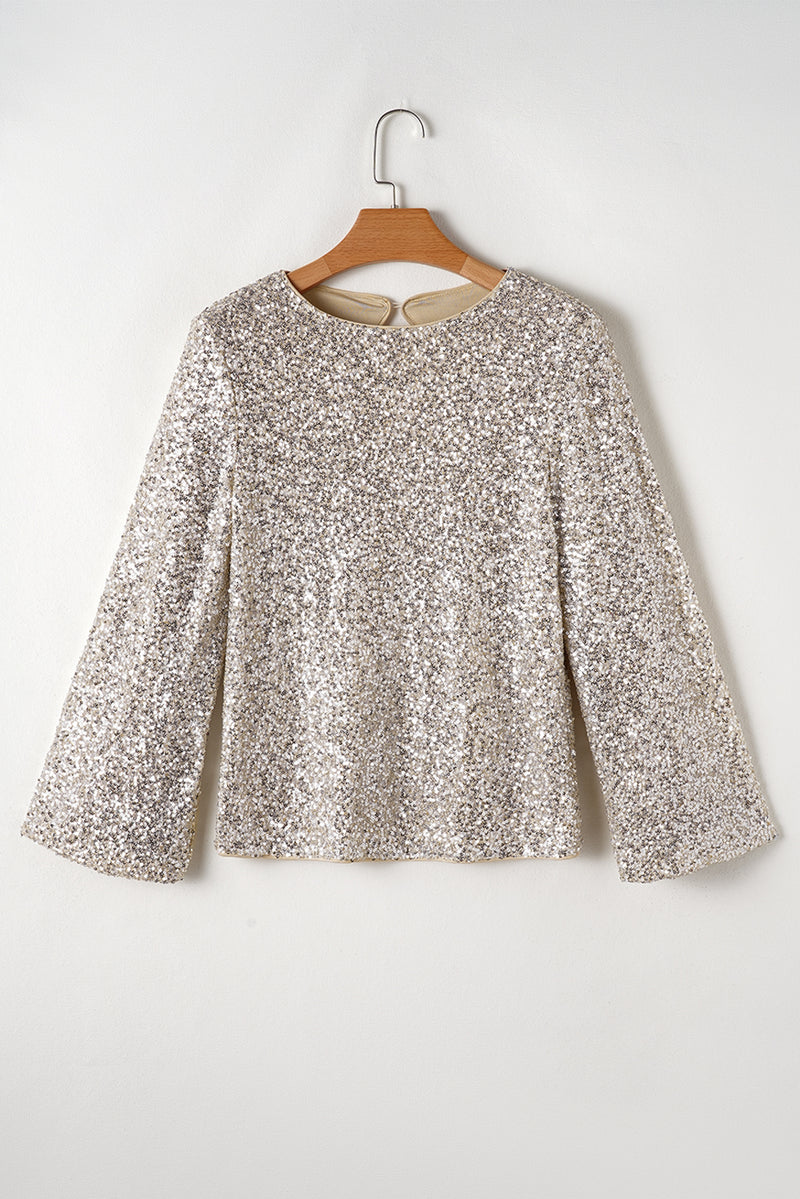 Silvery Sequin Puff Sleeve Cutout Back Blouse