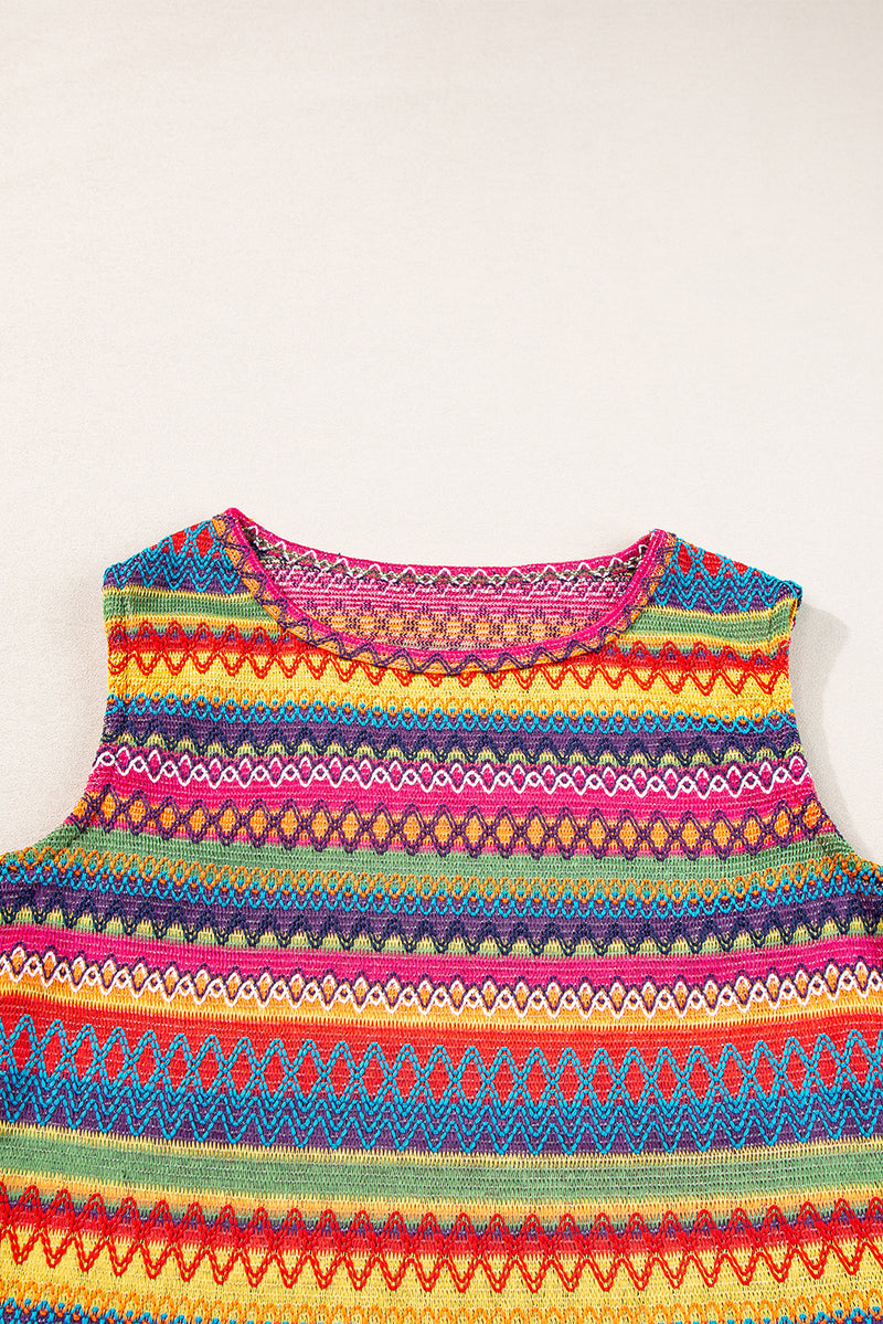 Yellow Ethnic Wavy Pattern Round Neck Sleeveless Top