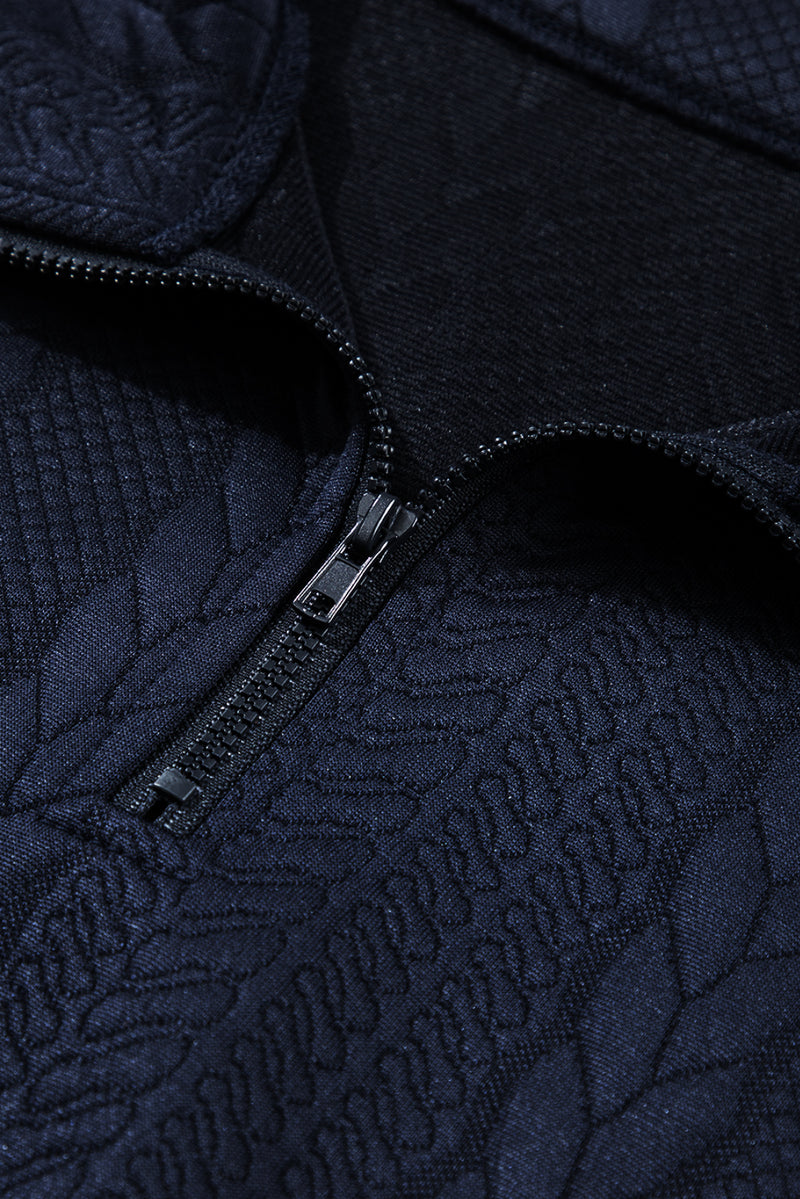 Navy Blue Zip up Cable Textured Sweatshirt