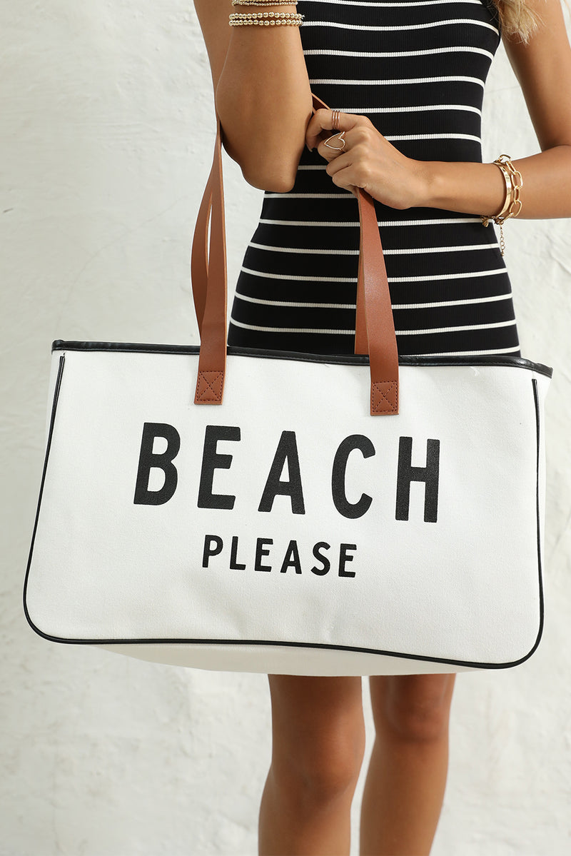 White BEACH PLEASE Print Large Canvas Tote Bag