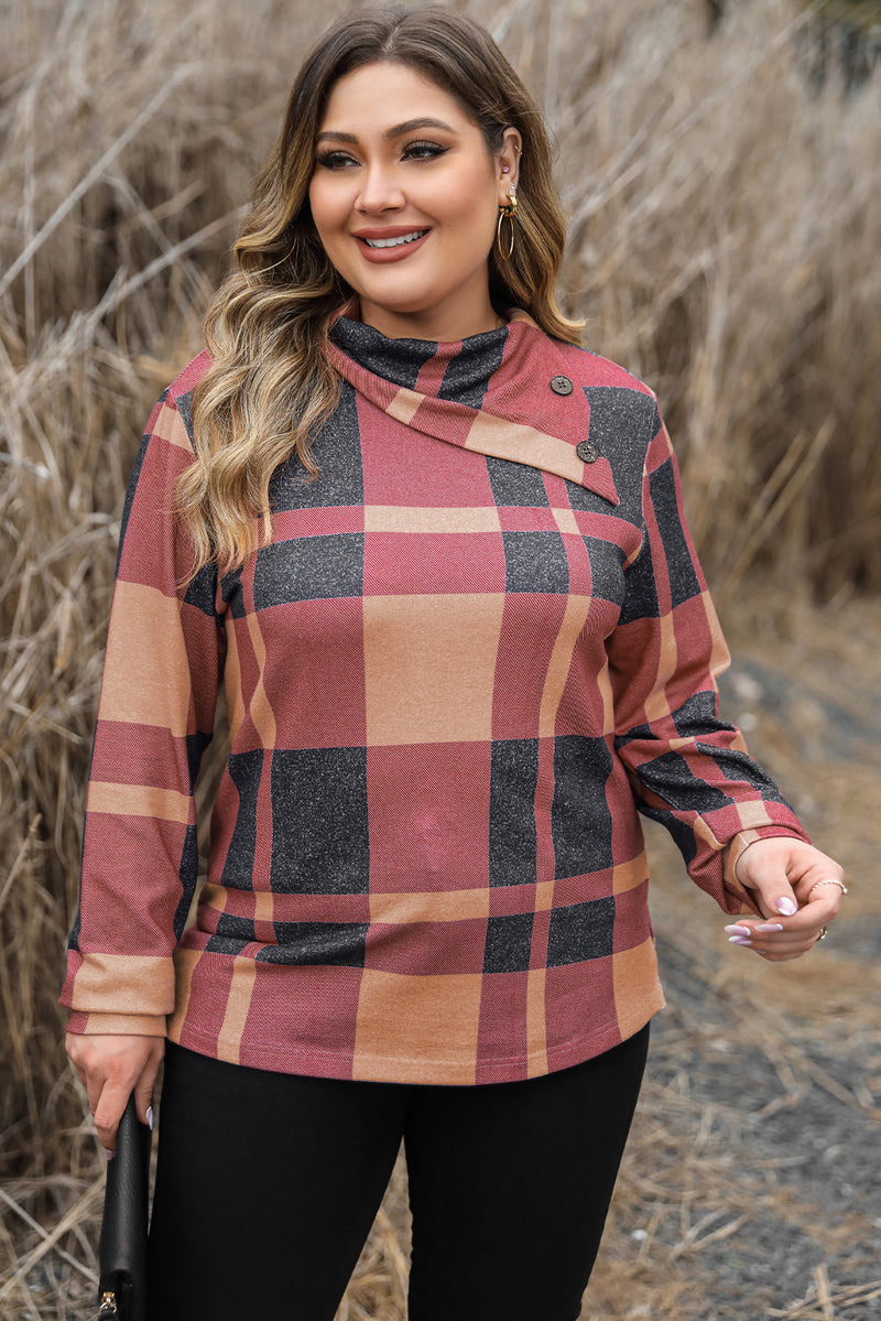 Mineral Red Plus Size Plaid Print Button Decor Asymmetric Neck Top