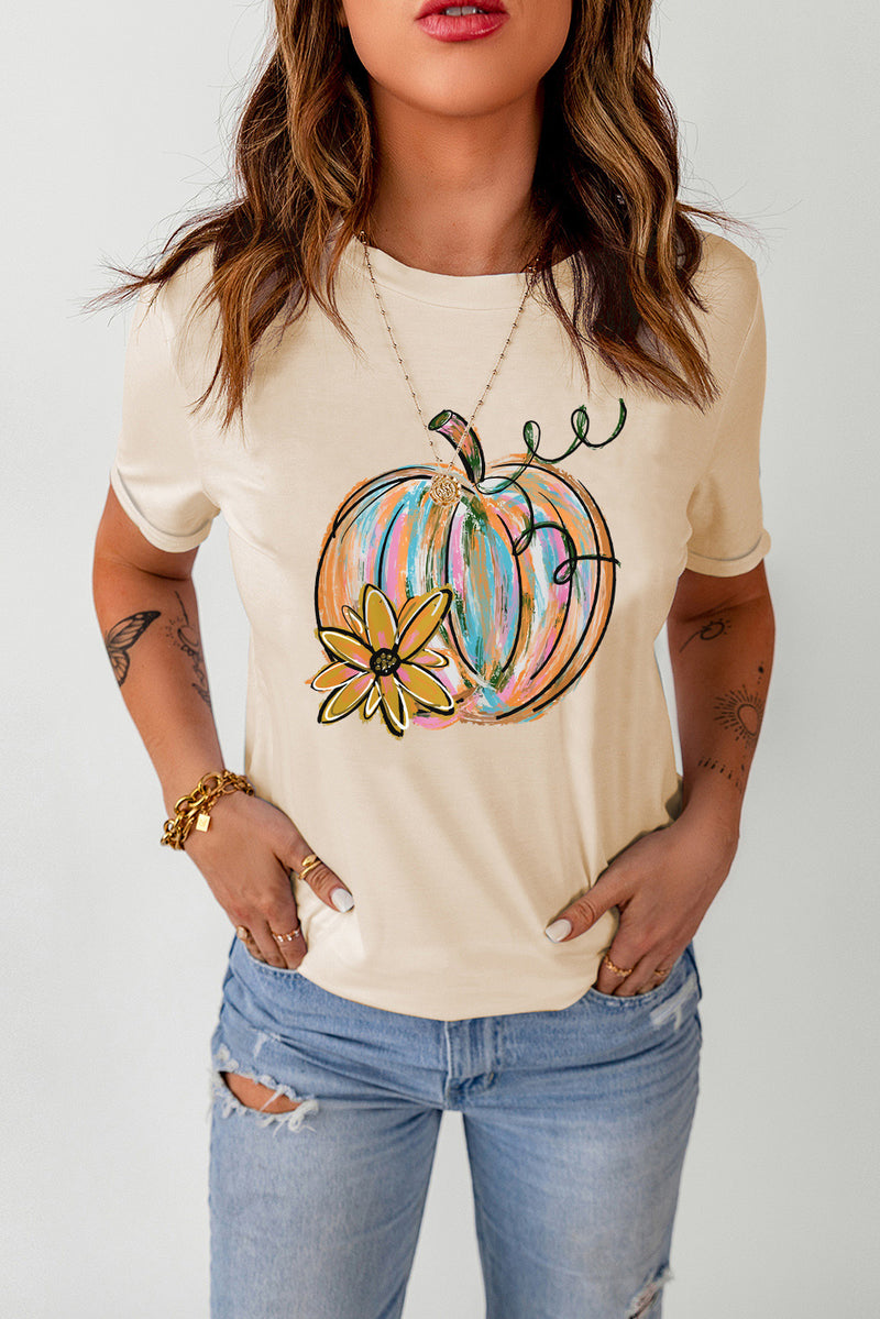 Khaki Pumpkin with Flower Graphic T Shirt