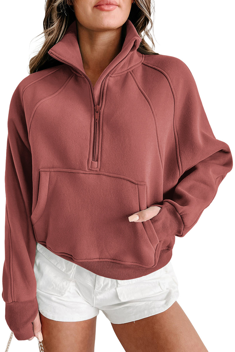 Brown Fleece Lined Zip Up Stand Collar Thumbhole Sleeve Sweatshirt