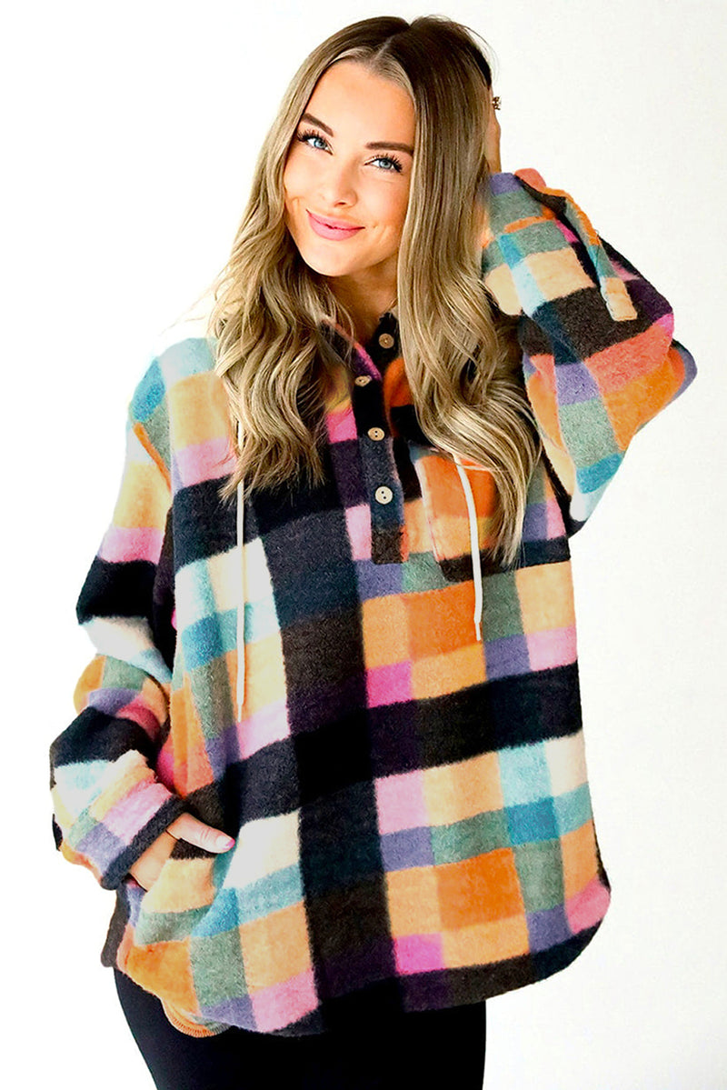 Multicolour Plaid Color Block Flap Pocket Buttoned Hoodie