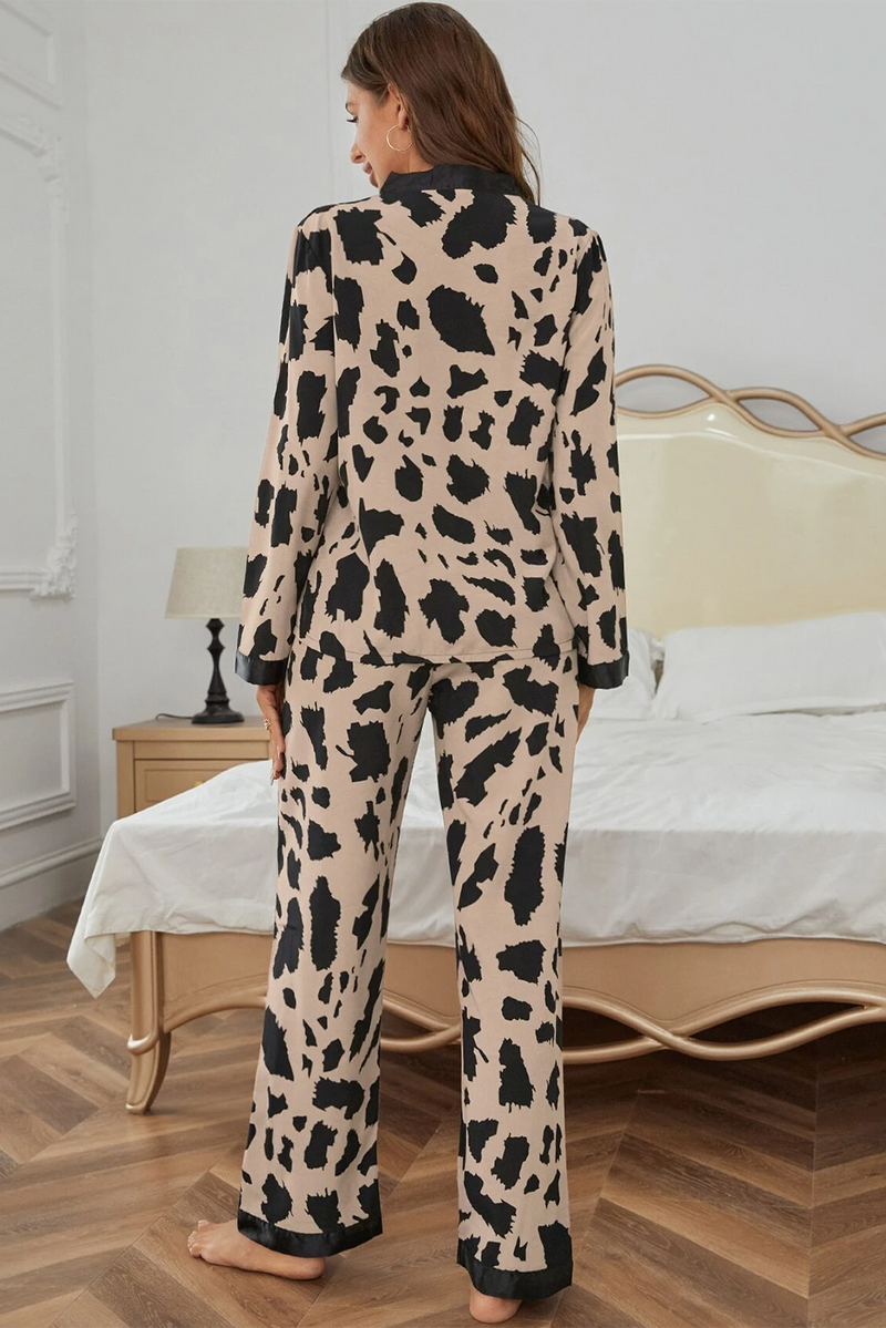 Khaki Cheetah Contrast Trim Loose Fit Two Piece Sleepwear