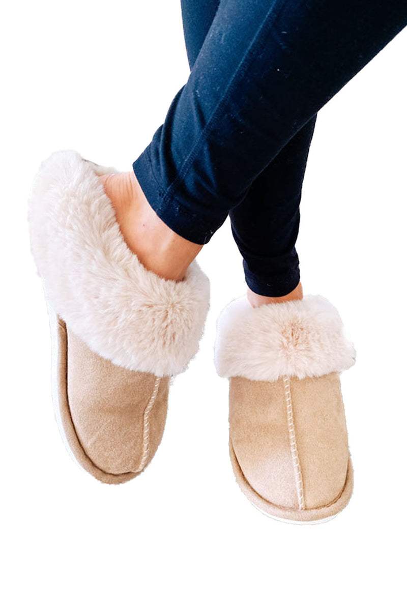 Khaki Cut and Sew Faux Suede Plush Lined Slippers