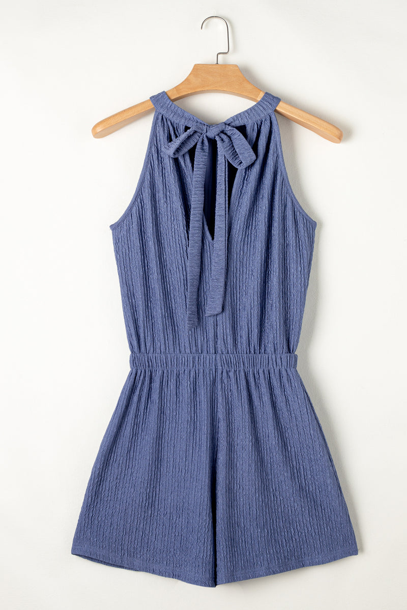 Bluing Knot Back High Neck Crinkle Textured Romper