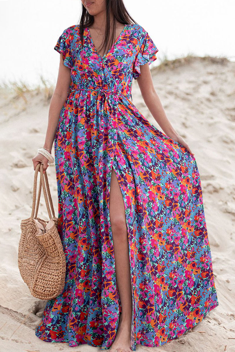 Blue Floral Print V Neck Wrap Split Maxi Dress