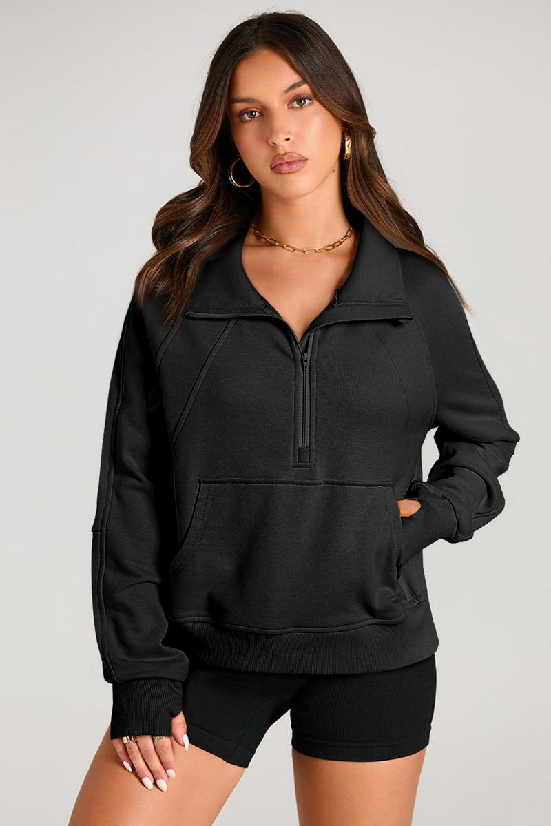 Black Quarter Zip Stand Neck Kangaroo Pocket Sweatshirt