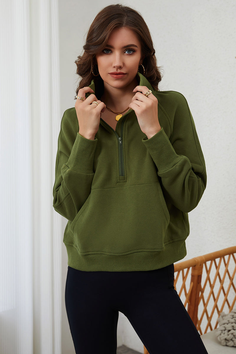 Moss Green Quarter Zip Stand Neck Kangaroo Pocket Sweatshirt