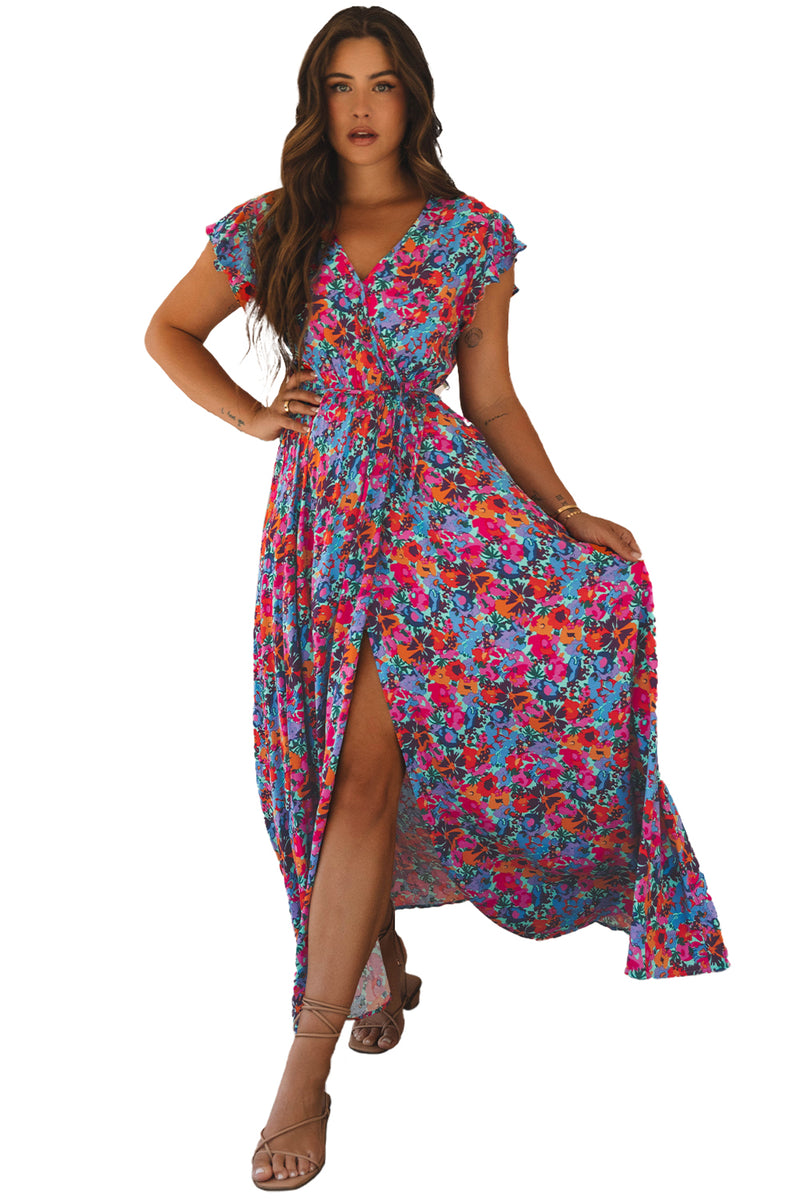 Blue Floral Print V Neck Wrap Split Maxi Dress