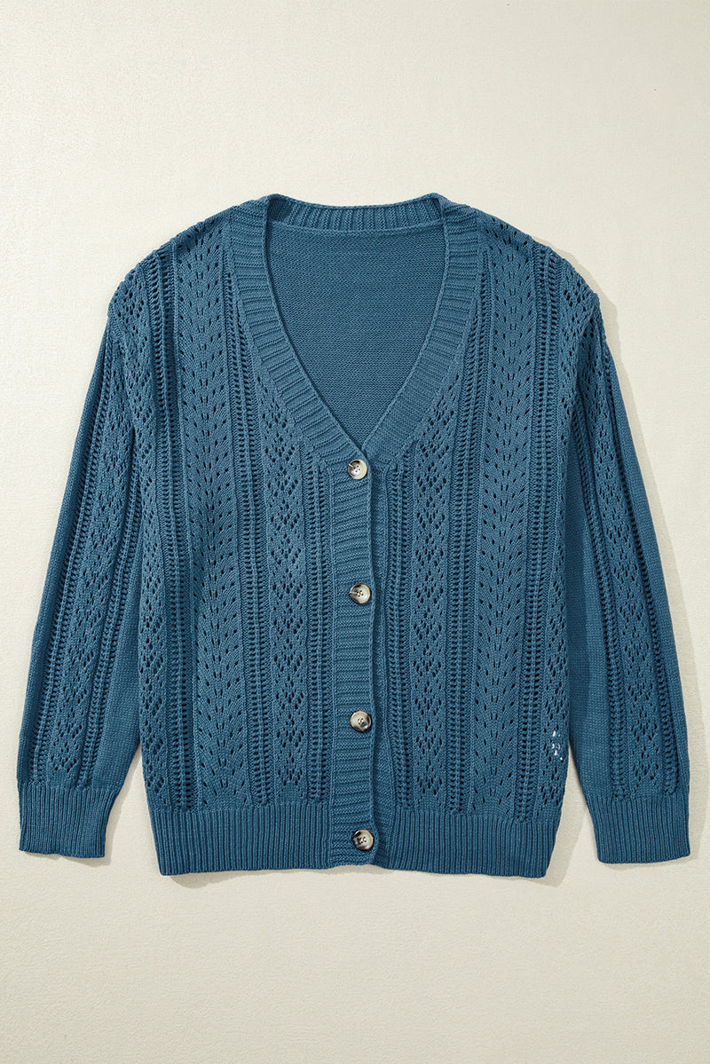 Real Teal Open Knit V Neck Button Front Drop Shoulder Plus Size Cardigan