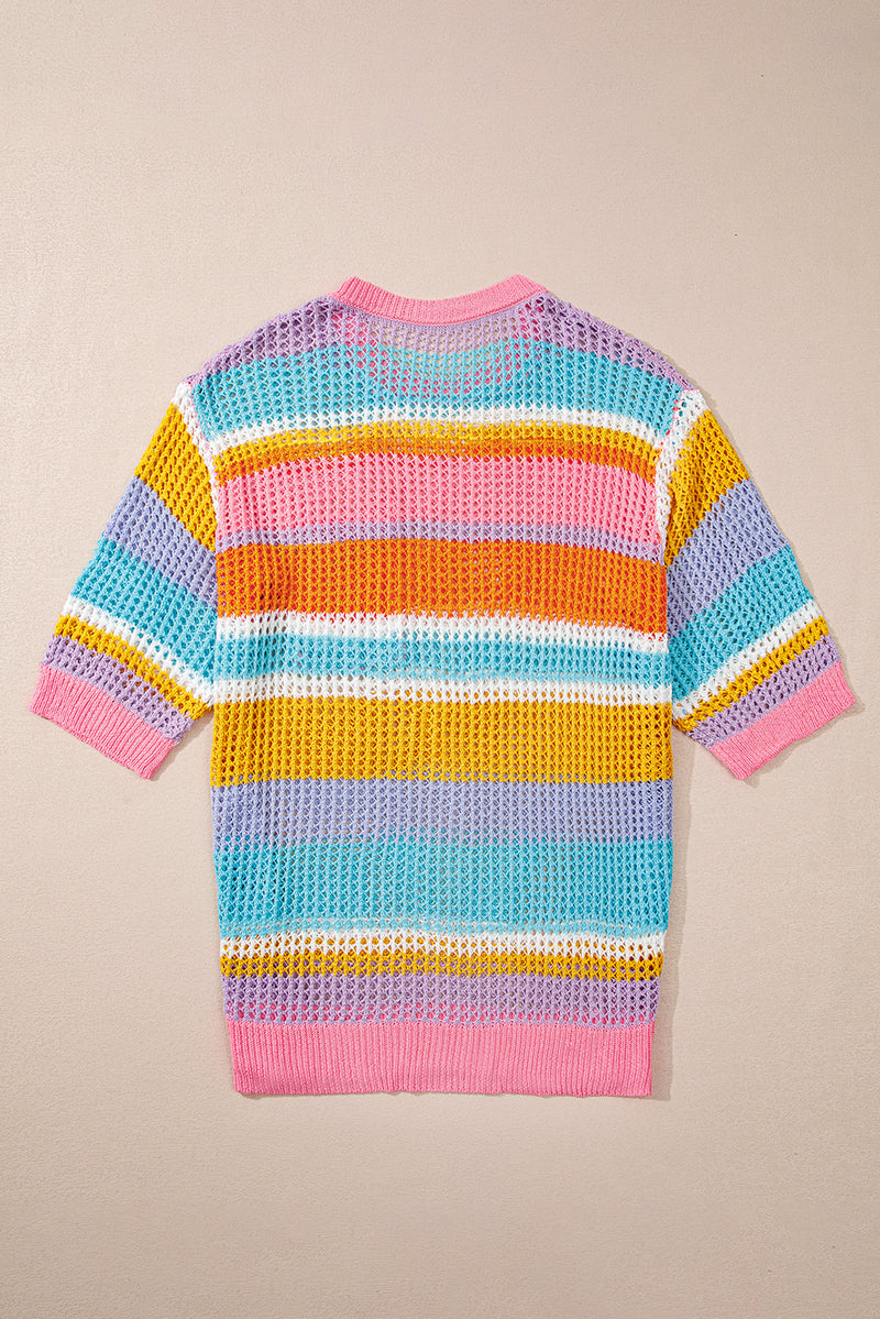 Pink Stripe Plus Size Open Knit Patch Pocket Short Sleeve Sweater