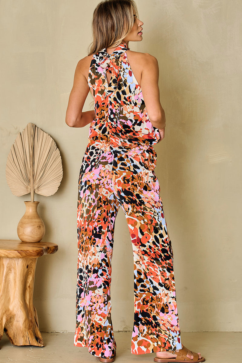 Black Multicolor Leopard Print Halter Tank Top and Pants Set