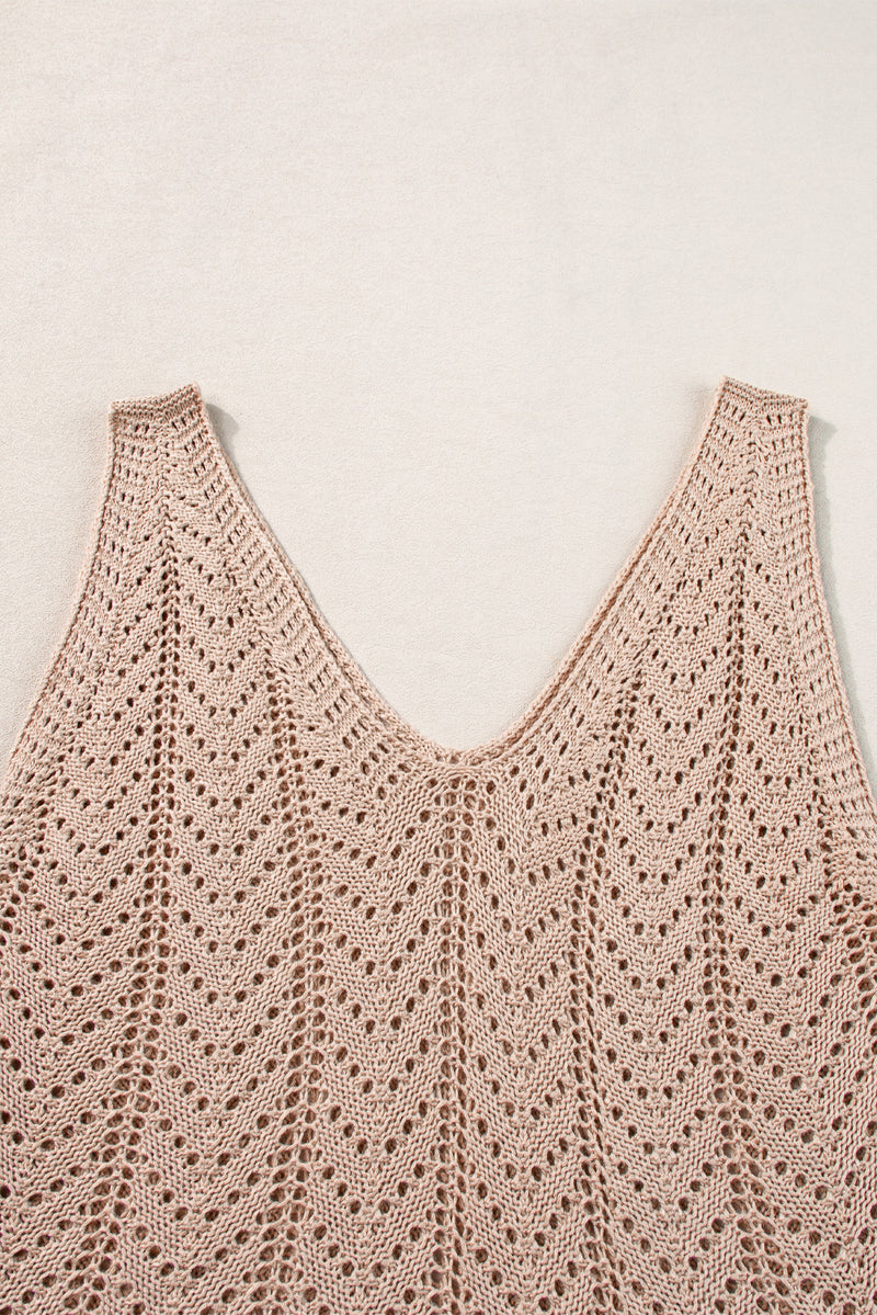 Pale Khaki Scalloped Hem V Neck Crochet Knit Vest