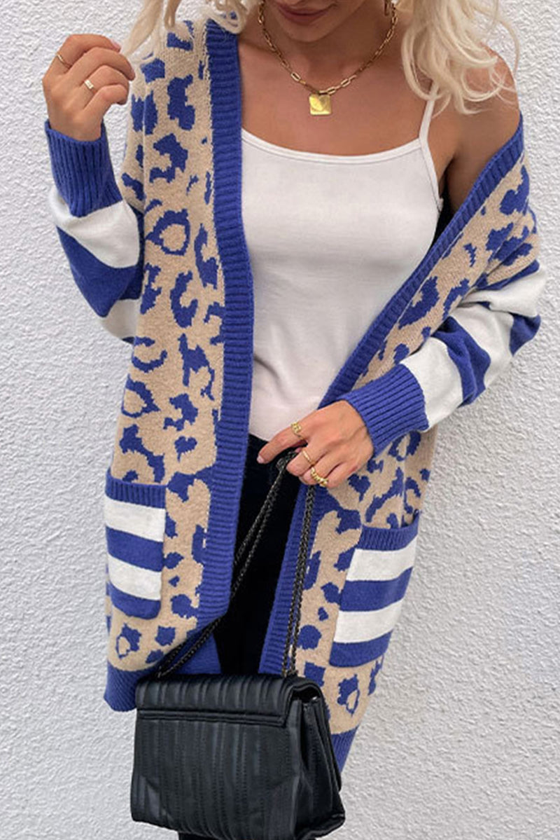 Dark Blue Stripe Sleeve Leopard Print Open Front Cardigan With Pockets