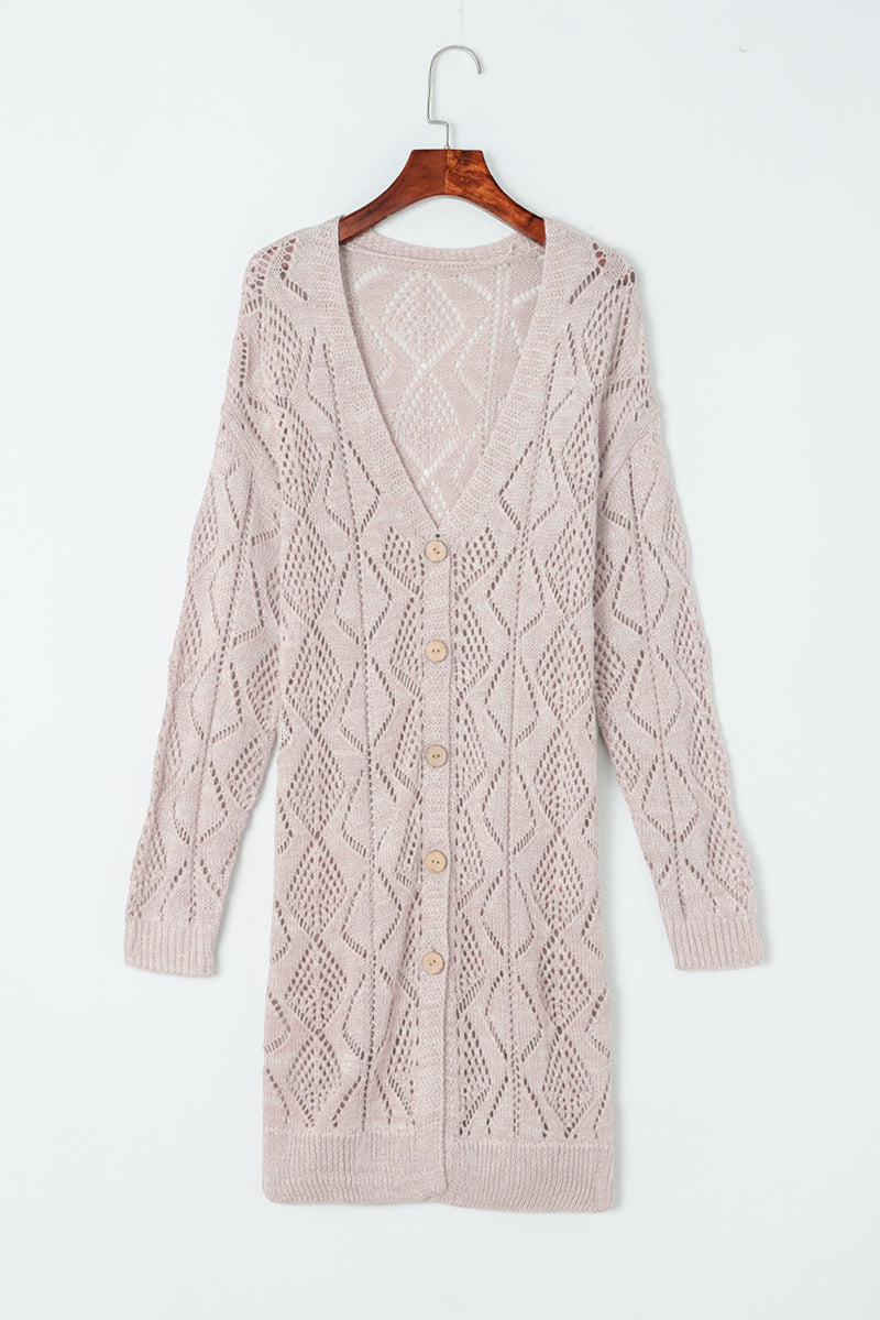 Khaki Hollow-out Openwork Knit Cardigan