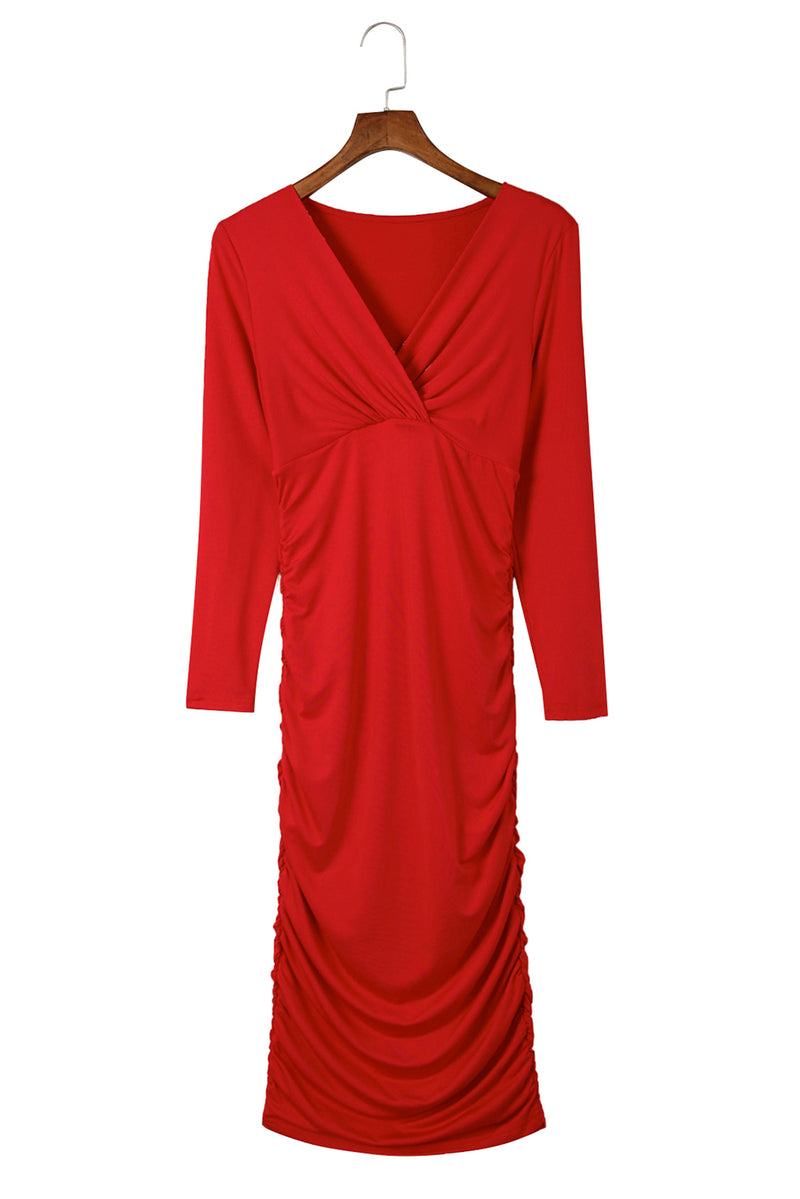 Fiery Red Long Sleeves Wrap V Neck Ruched Sheath Bodycon Dress