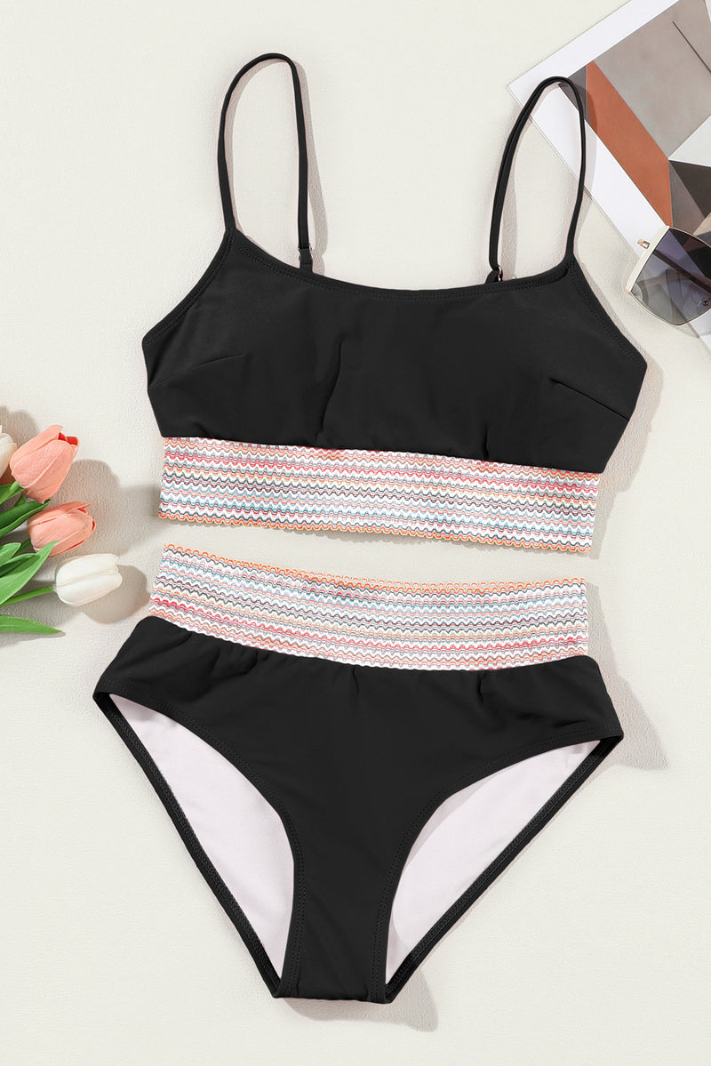 Black Striped Patchwork Spaghetti Strap High Waist Bikini Swimsuit