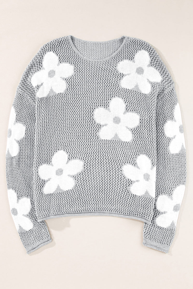 Light Grey Big Flower Hollowed Knit Drop Shoulder Sweater