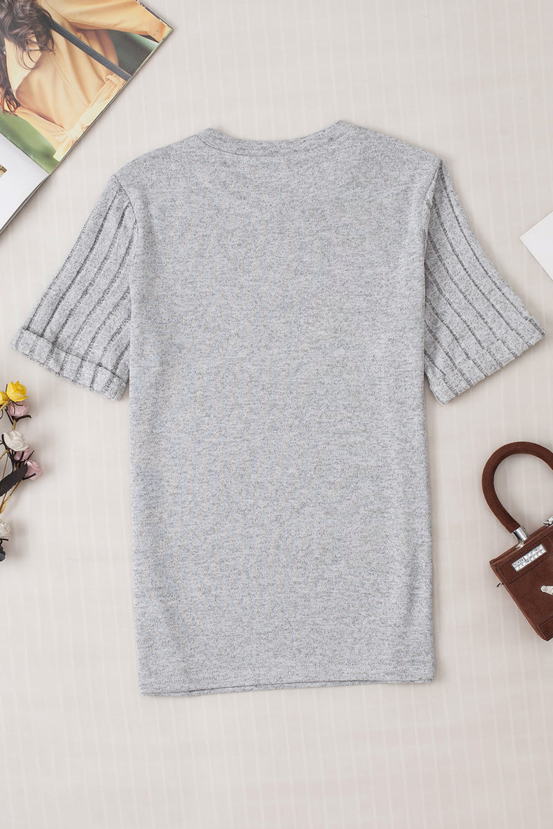 Gray Ribbed Splicing Sleeve Round Neck T-shirt