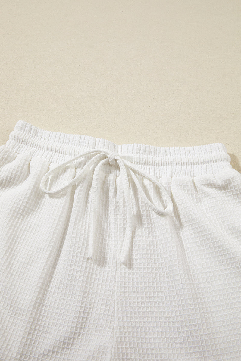 White Casual Textured Tee and Drawstring Shorts Set