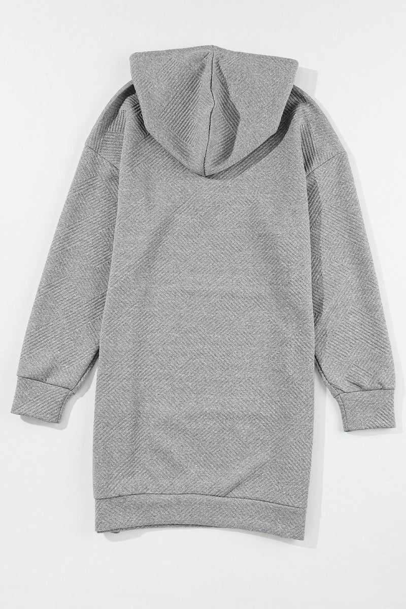 Gray Textured Kangaroo Pocket Drawstring Hooded Mini Dress