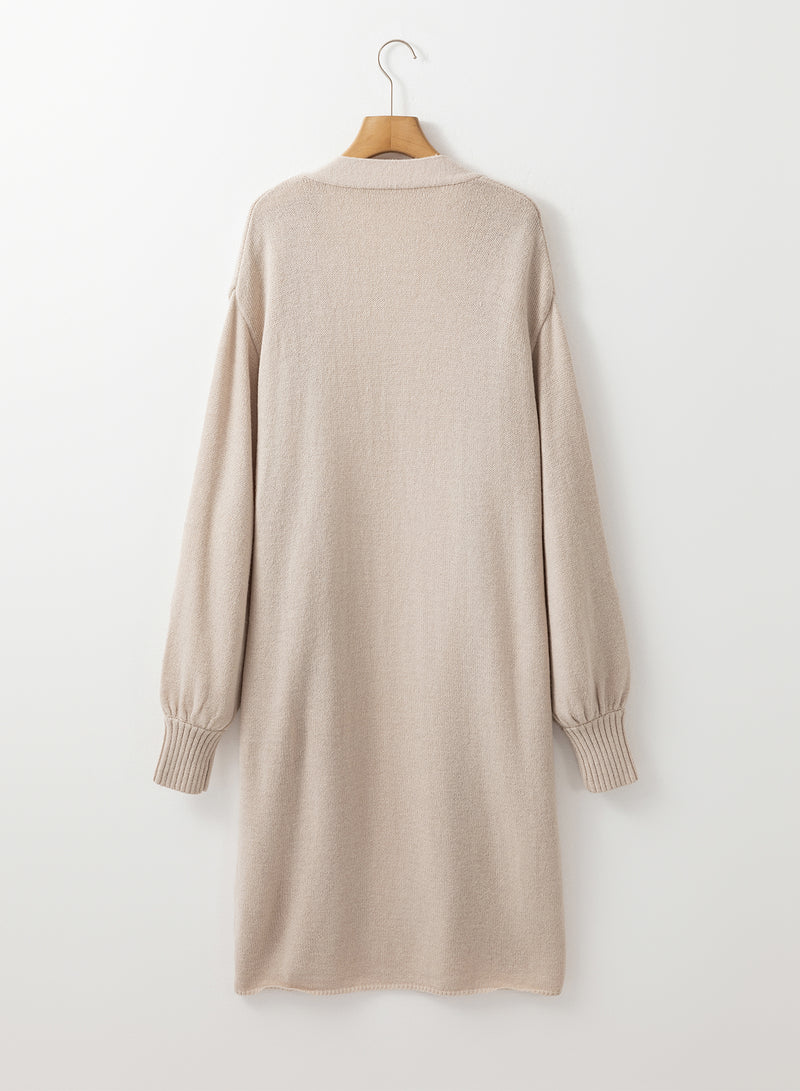 Beige Side Pockets Open Front Long Knitted Cardigan