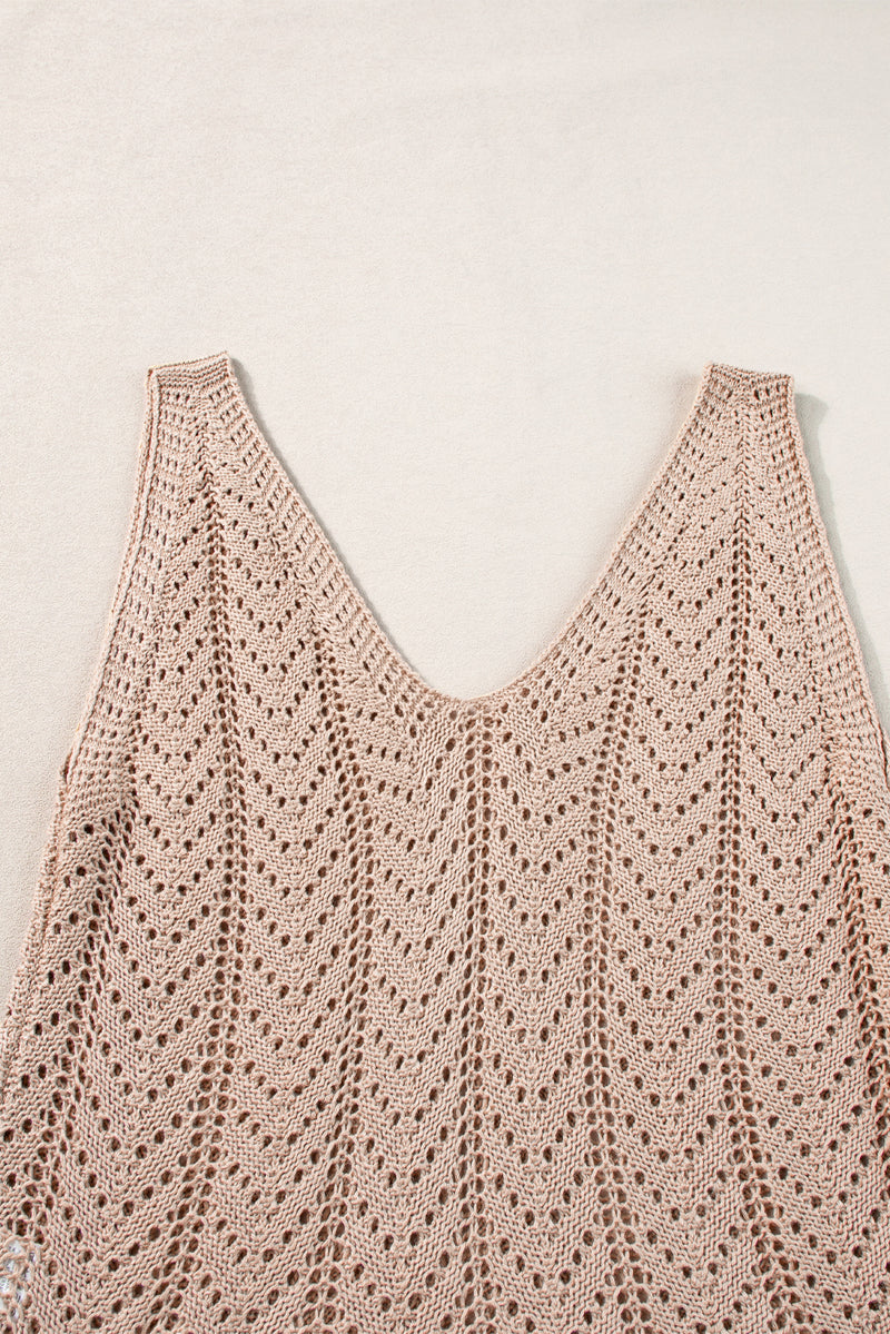 Pale Khaki Scalloped Hem V Neck Crochet Knit Vest